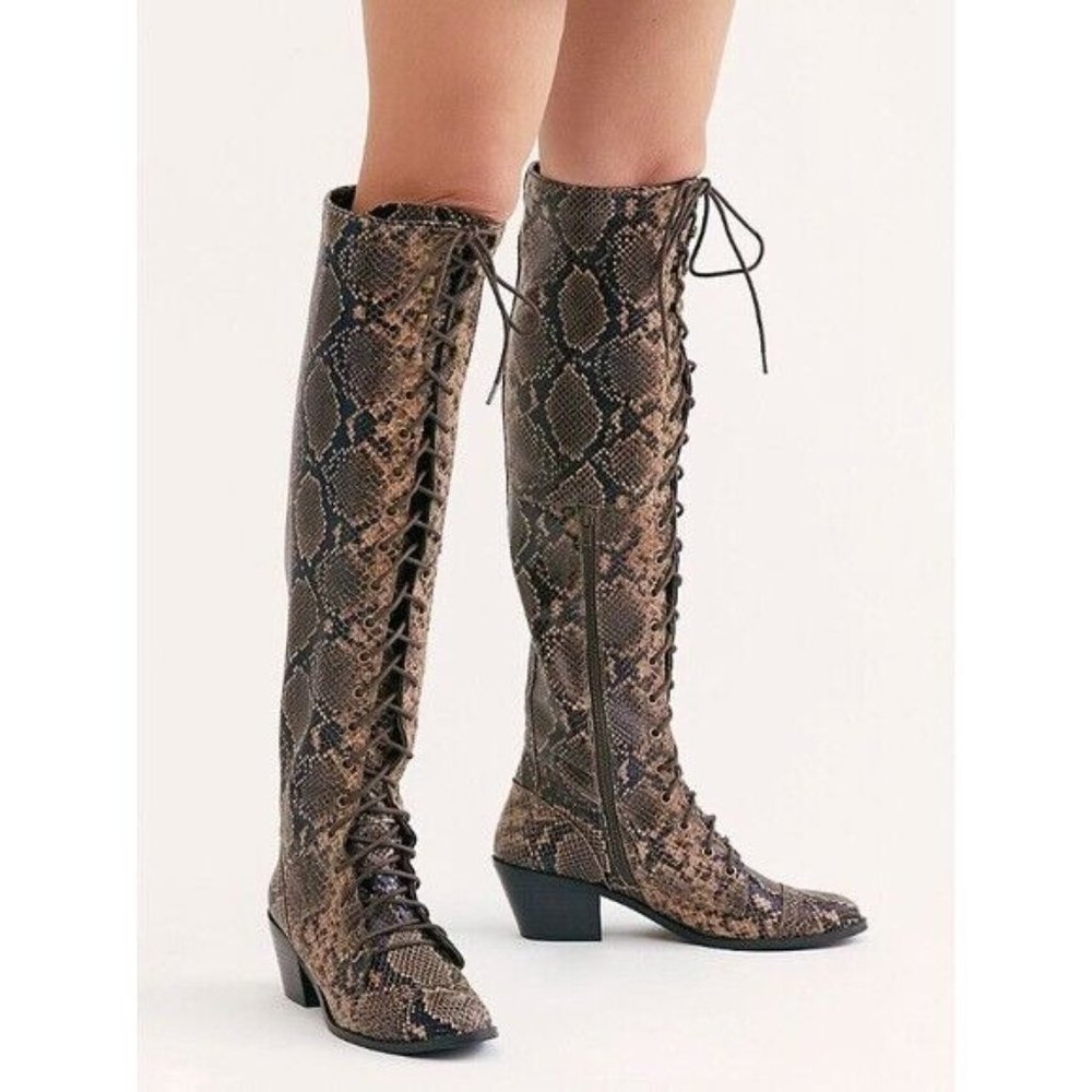 Free People Jeffrey Campbell Joe Lace-Up Over-the-Knee Boots Snake Skin Size 7.5